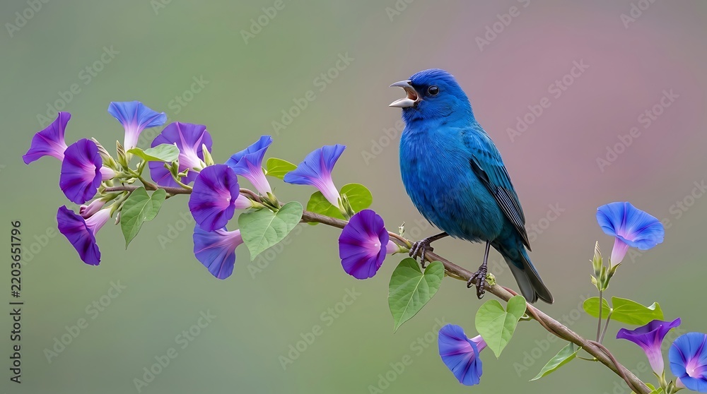 Obraz premium Blue bird perched on flowering branch singing