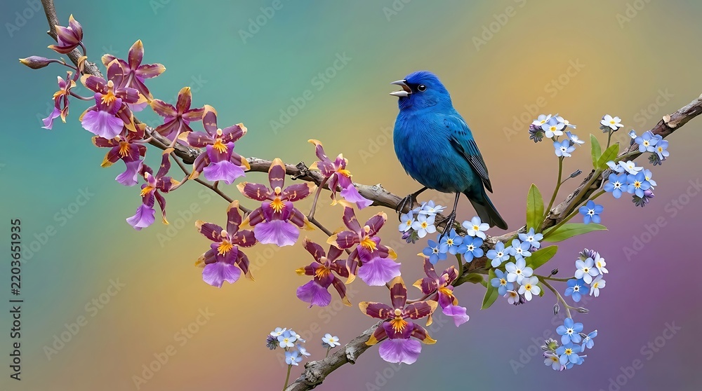 Fototapeta premium Blue bird perched on colorful flowering branch in nature