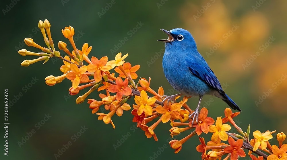 Obraz premium Blue bird perched on colorful autumn flowers