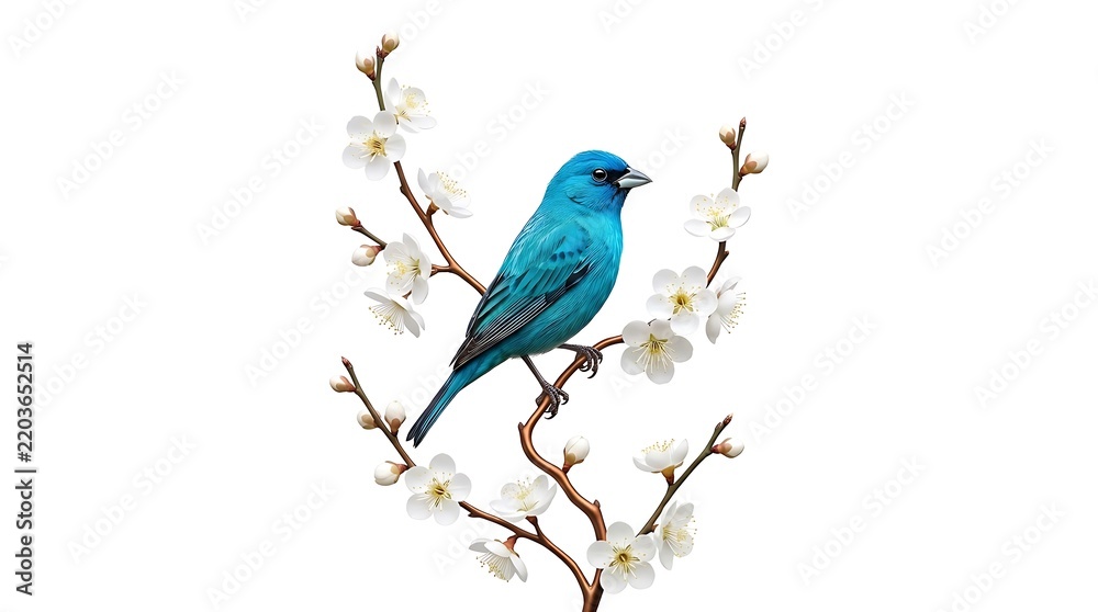 Obraz premium Blue bird perched on blooming branch with flowers