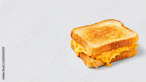 Classic grilled cheese sandwich with melted cheddar on light gray background