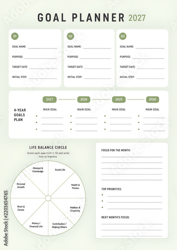 Life Planner Printable Worksheet with Goals, Weekly Planning and Personal Reflection
