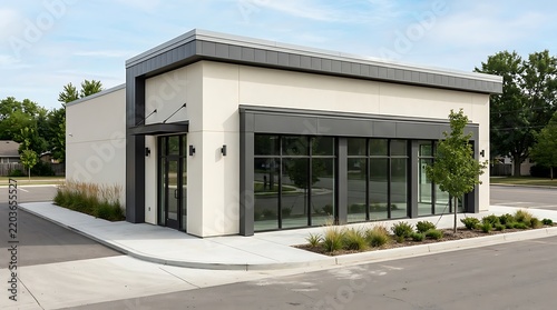 Contemporary suburban villa exterior with paved driveway and front yard