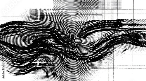 Abstract black and white digital art with glitch effect, resembling distressed fabric or water currents, with grid lines suggesting a technological overlay