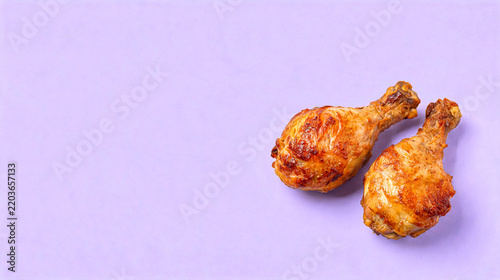 Two roasted chicken drumsticks on a vibrant purple background