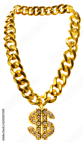 Chunky gold chain necklace with diamond dollar sign pendant isolated on white background. Hip hop fashion concept with clipping path for luxury jewelry design png file.