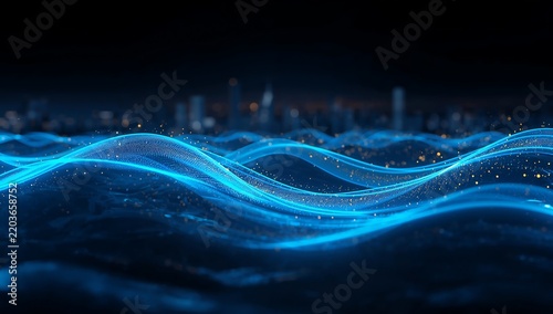 Generative AI depicts a dynamic wave-like pattern of glowing blue lines in a dark environment