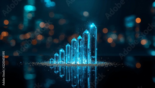 Generative AI digital bar chart showing growth with glowing blue bars