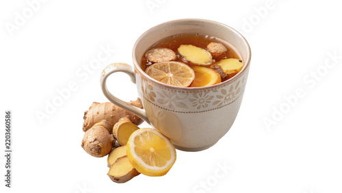 Glass cup of hot ginger herbal tea with lemon isolated on transparent background
