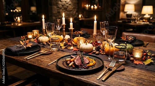 Elegant Halloween dinner table setting with roasted meat and pumpkins in a rustic restaurant with warm candlelight