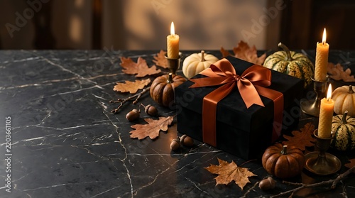 Black gift box with orange ribbon surrounded by pumpkins and candles on a marble table