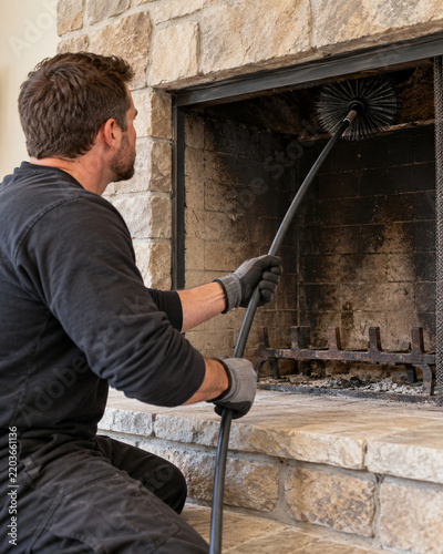 Chimney sweep cleaning flue with flexible brush rods indoors