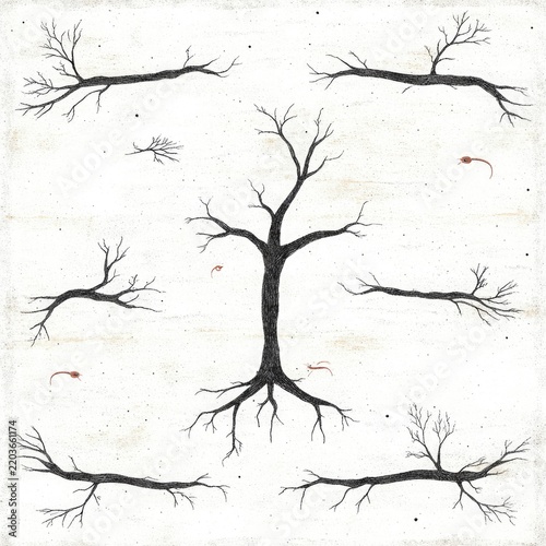 Pattern Doodles of plant roots and little worms on white background
