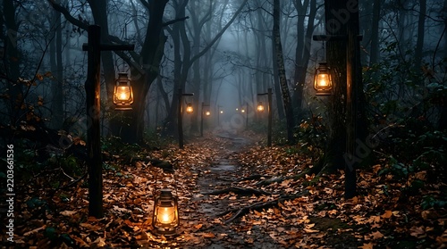 Vintage lanterns illuminate a misty autumn forest pathway at dusk for atmospheric branding and editorial use