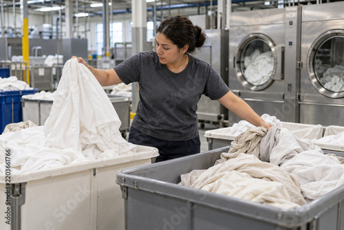 Worker sorting linens in commercial laundry processing facility