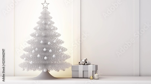 Minimalist white christmas tree decor with silver gift box and candle on shelf for modern holiday interior design and festive presentation.