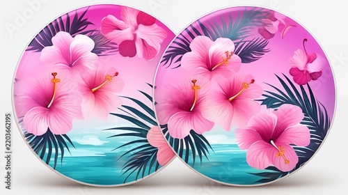 Tropical hibiscus flower pattern in circular coaster layout with palm leaves and turquoise sea for summer vacation print design.