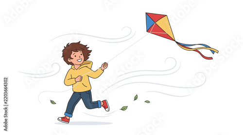 Joyful young boy running and flying a colorful kite on a windy day with leaves blowing