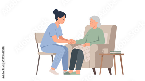 Caring nurse holding hand of elderly woman sitting in armchair, vector illustration