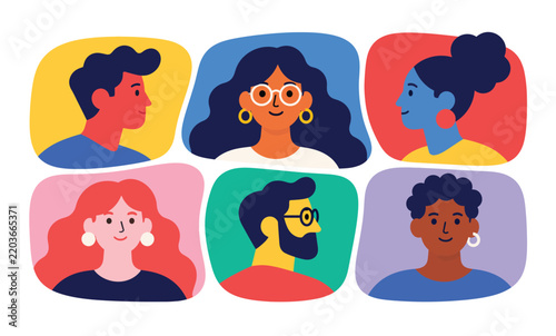 Diverse team avatar grid concept featuring six colorful multiracial human profiles for video conference and remote work connection