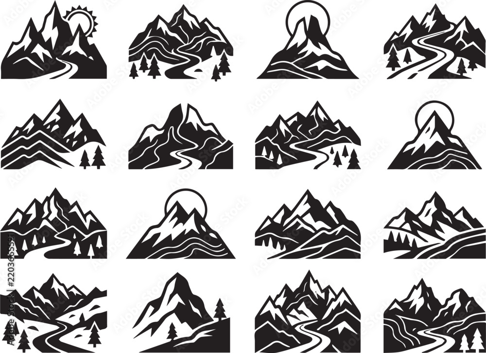 Fototapeta premium Mountain Day Black and White Mountain Landscape Vector Illustration with Pine Trees and Winding Hiking Trail