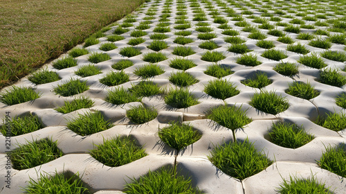 Permeable Grass Concrete Paving for Sustainable Water Management. water-permeable concrete grid paving with grass growing through the open spaces. sustainable drainage, stormwater infiltration, runoff