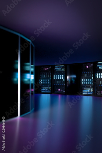 3D vertical data center interior with curved server wall and neon reflection