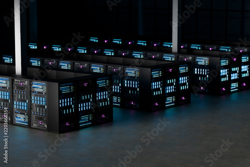 3D enterprise server cluster across dark data center floor with blue light