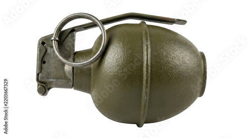 Military hand grenade in olive drab color with safety pin ring and metal lever assembly.