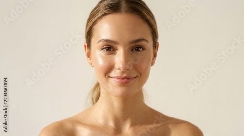 Smiling young woman with a fresh face and natural makeup for wellness and skincare.