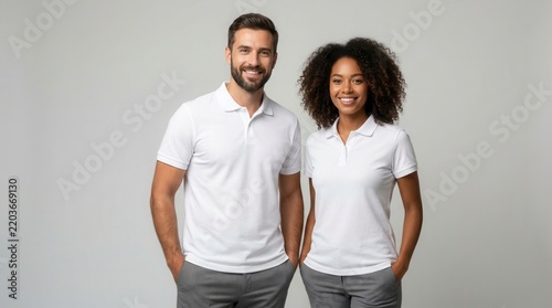 A man and woman in white polo shirts smile confidently against a gray background, ideal for apparel branding presentation and diversity.