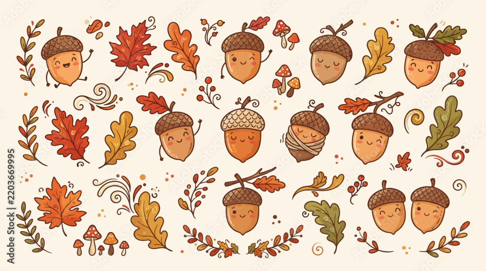 Obraz premium Cute Acorn Characters and Autumn Leaves - Hand-drawn Vector Illustration