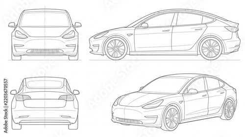 Line drawing blueprint of a modern electric sedan car from multiple angles