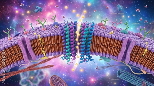 Biological cell membrane structure with protein channel and lipid bilayer showing molecular transport in a colorful abstract space