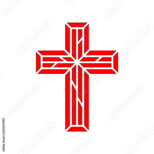Bold and contemporary red cross illustration with a stylized geometric pattern, symbolizing faith, devotion, and spiritual journey in a clean, graphic style