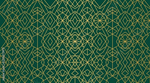 Intricate Geometric Pattern on Green Background with Gold Lines Design