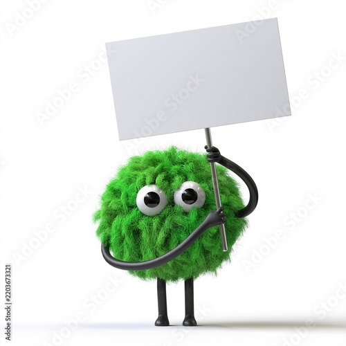 Fluffy, cute monster holds a blank sign, symbolizes information and advertising display. 3D rendering, conceptual image. Isolated on white background.