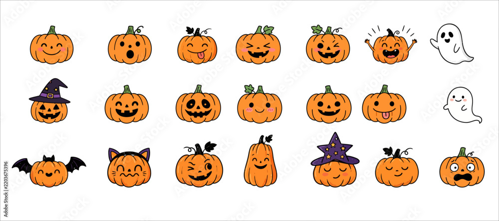 Obraz premium Collection of carved pumpkins with various spooky and playful faces 