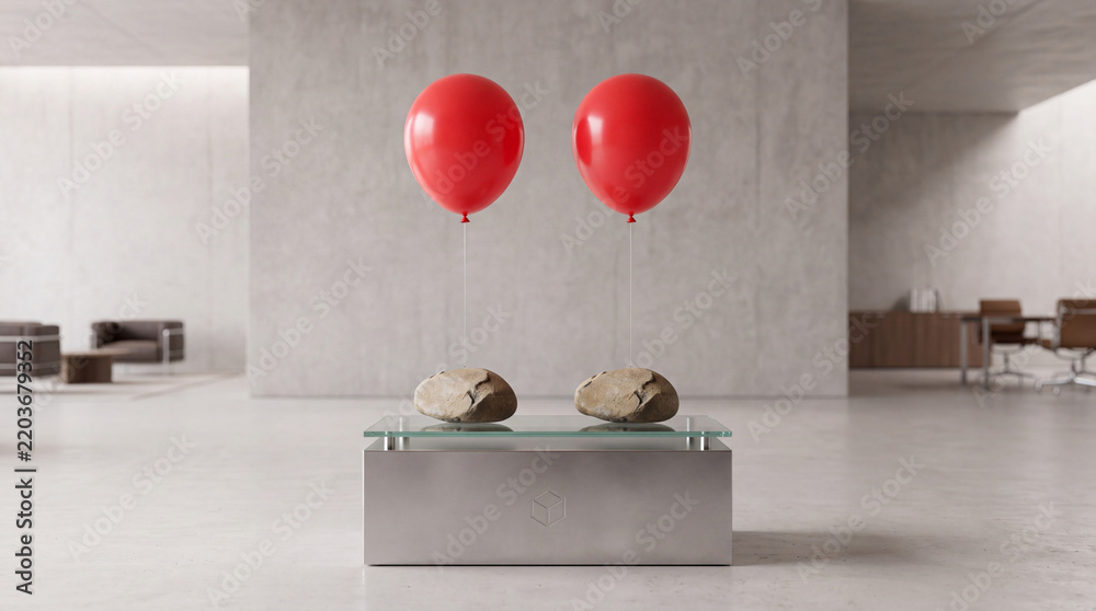 Obraz premium Conceptual Art Installation Featuring Two Vibrant Red Balloons Tied to Heavy Natural Stones on a Glass Pedestal Inside a Modern Minimalist Concrete Office Lobby or Gallery Interior Space