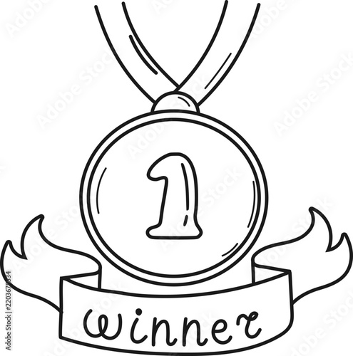 Winner medal with number one and a ribbon banner. Clean monochrome linear design icon for championship, victory celebration, first place achievement or sports award template.