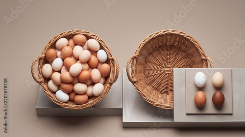High-Angle View of Fresh Organic Chicken Eggs in a Woven Wicker Basket and Arranged on Minimalist Stone Platforms, Showcasing a Variety of Natural Shades and Textures in a Clean Studio Setting