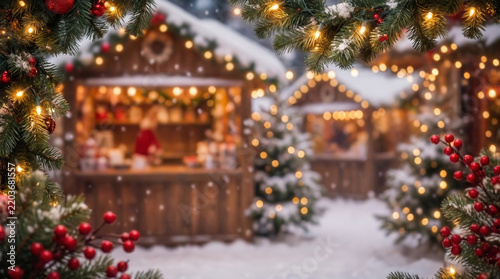 Blurred background framing festive Christmas market chalets with glowing lights and snow