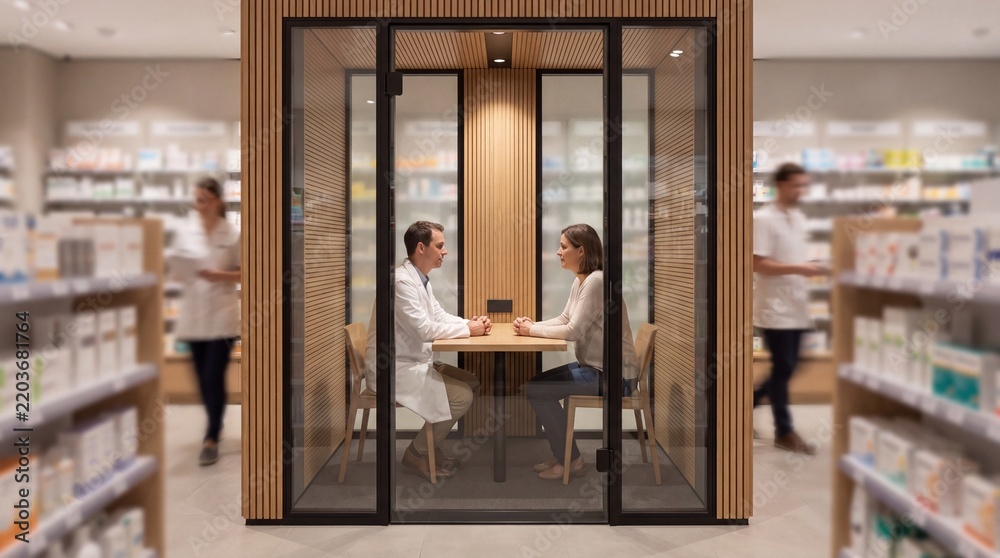 Fototapeta premium Pharmacist And Patient Talking In Glass Consultation Booth