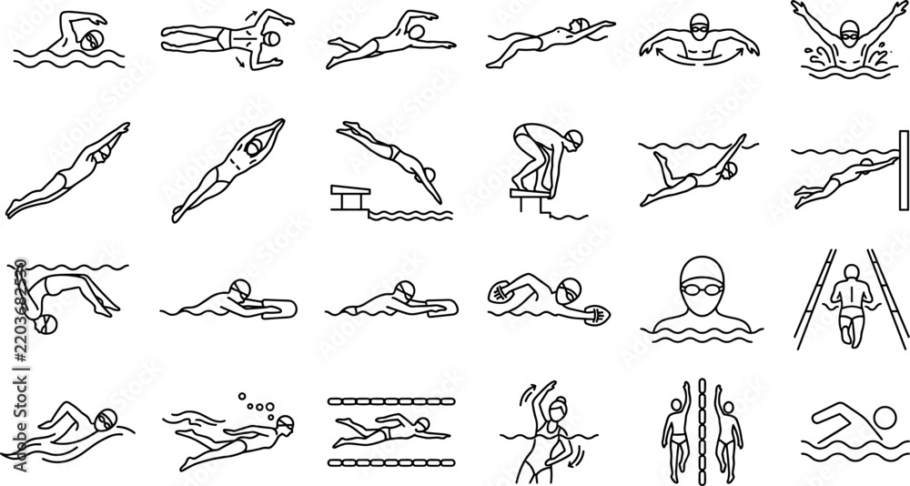 Obraz premium Swimming Sport Athlete Postures and Pool Water Activity Outline Icons Vector SetSwimming Sport Athlete Postures and Pool Water Activity Outline Icons Vector Set