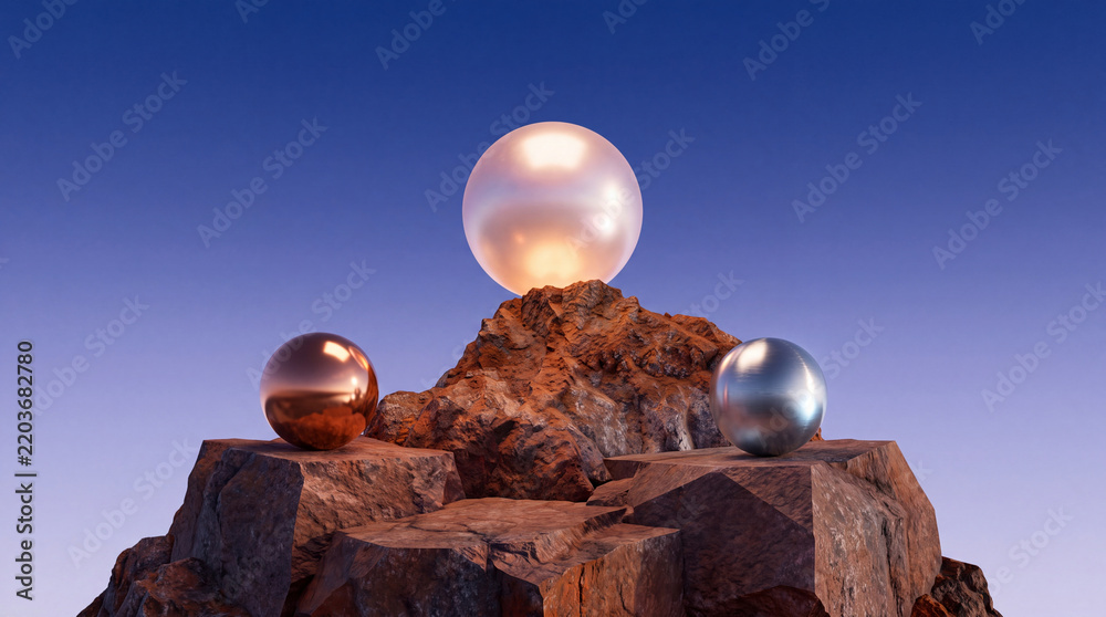 Obraz premium Three metallic and glowing spheres placed on a rocky mountain peak under a clear blue sky, minimalist 3D render representing concept of success, achievement, and balance in a surreal landscape.