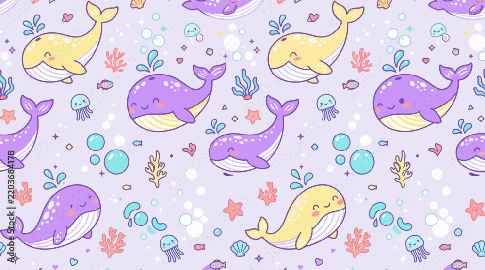 Fototapeta premium Cute Kawaii Whales and Jellyfish Seamless Pattern