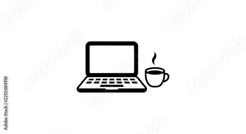 Black and white laptop with coffee cup icon vector