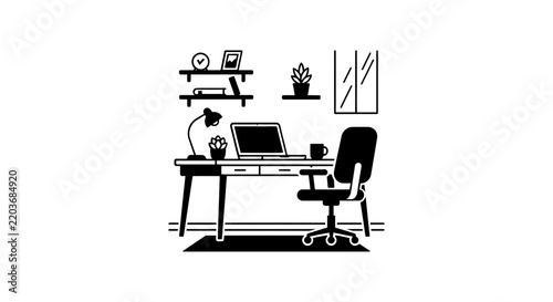 Minimalist home office interior workspace illustration with desk, laptop, and shelves