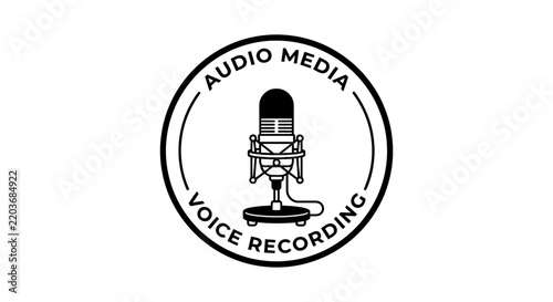 Audio media and voice recording round emblem with retro microphone graphic