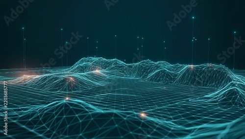 Abstract digital terrain mesh with glowing grid and points representing geographic information, spatial analysis, and map based visualization of land surface.